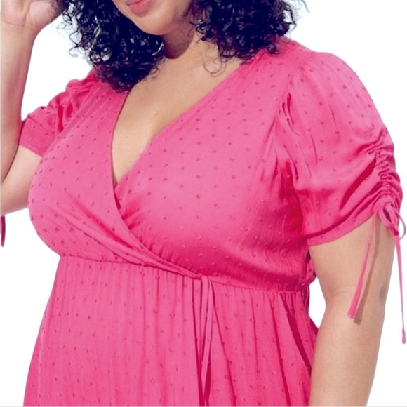 Torrid Barbiecore Faux Wrap Swiss Dot Midi Dress Honeysuckle Pink 2X - Picture 13 of 14